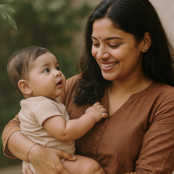 A woman smiles while holding a baby - baby massage oil